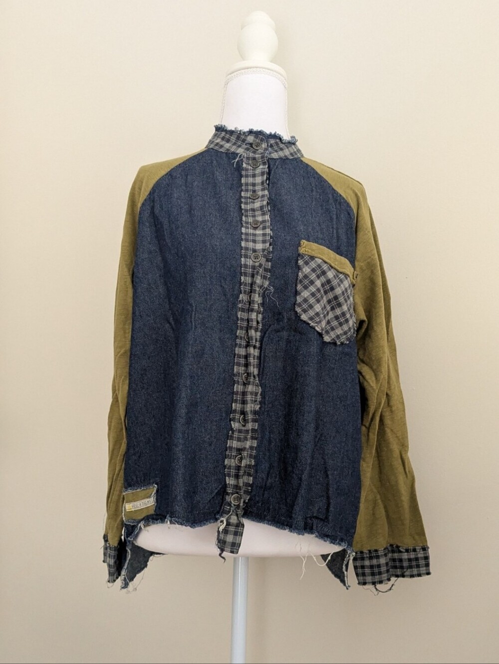Heel Athens Lab - Asymmetrical Blouse Denim Olive Partwork Pocket (Long Sleeve)